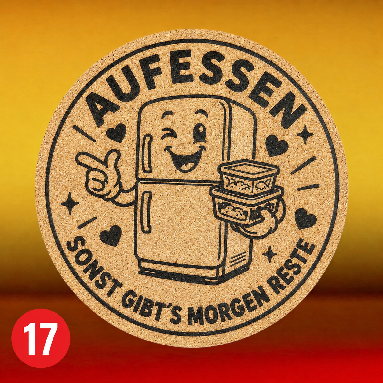 Topfuntersetzer mit Wunschmotiven. Kork. 19cm Durchmesser, Motive 13 bis 28