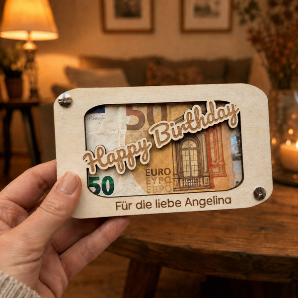 Geburtstagskarte personalisiert. Geldgeschenk. Holz mit Gravur. Text nach Wunsch
