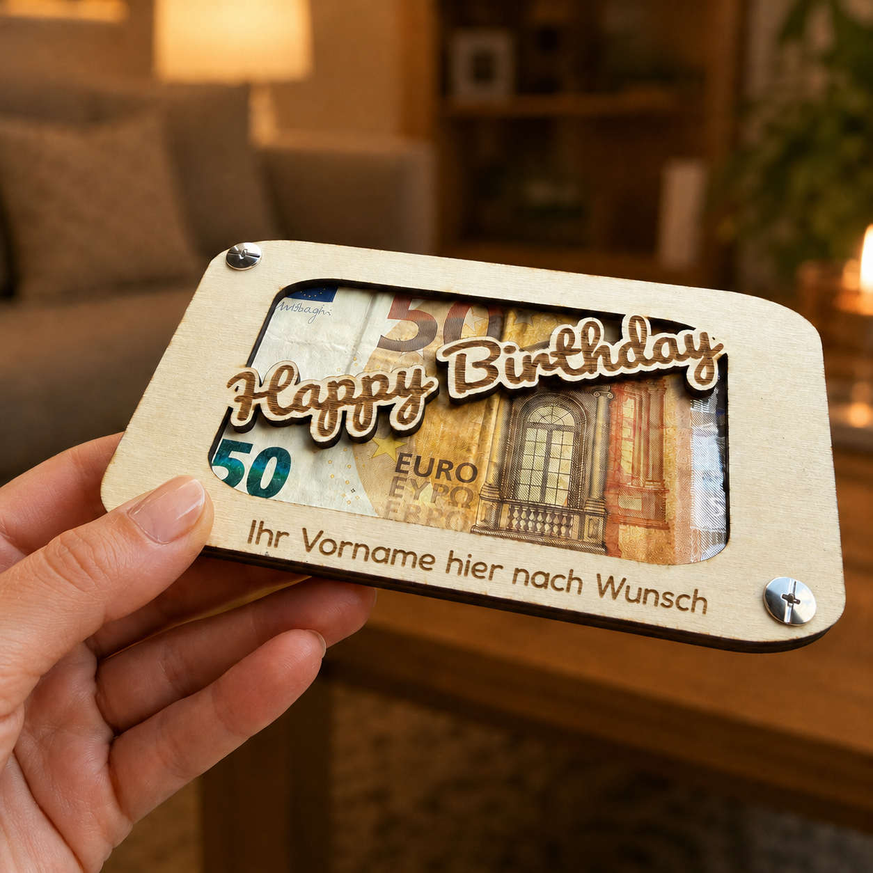 Geburtstagskarte personalisiert. Geldgeschenk. Holz mit Gravur. Text nach Wunsch