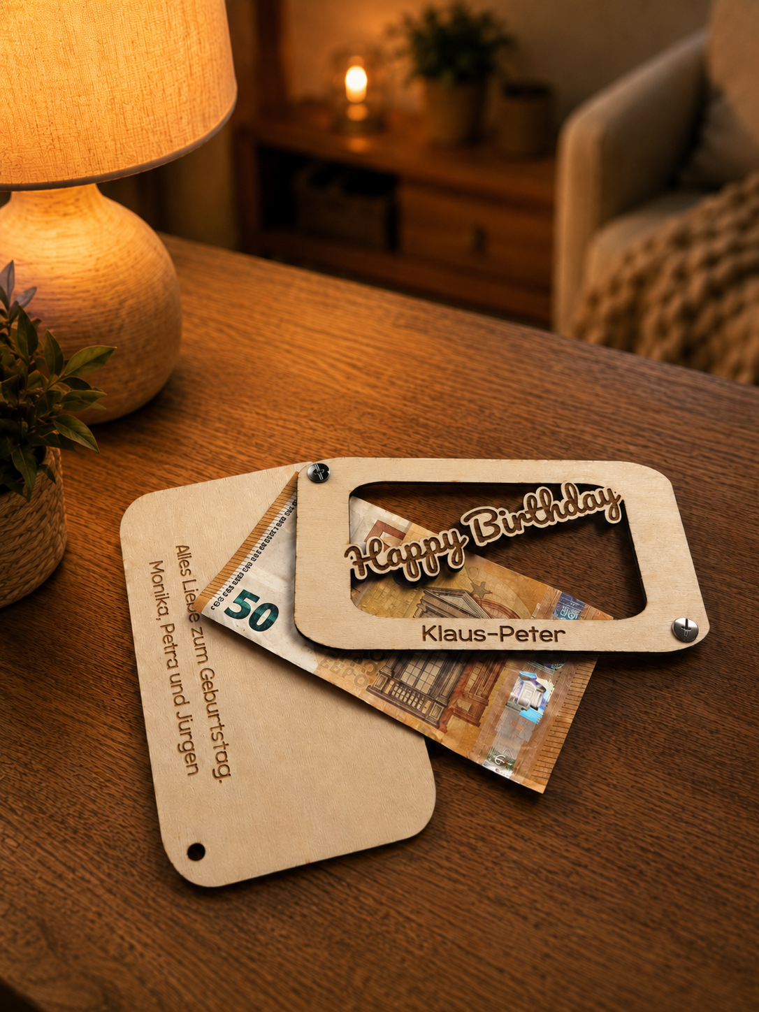 Geburtstagskarte personalisiert. Geldgeschenk. Holz mit Gravur. Text nach Wunsch