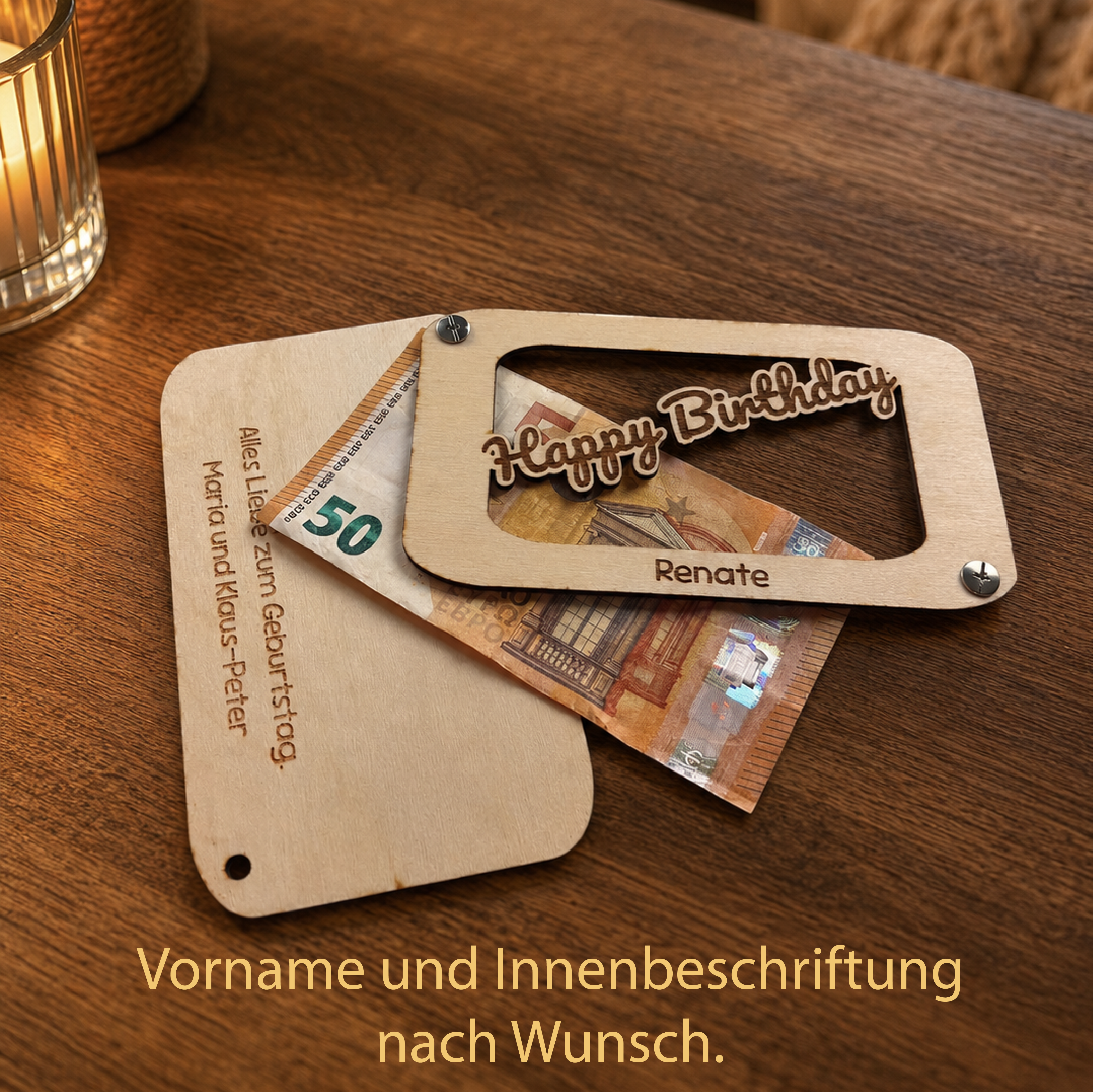 Geburtstagskarte personalisiert. Geldgeschenk. Holz mit Gravur. Text nach Wunsch
