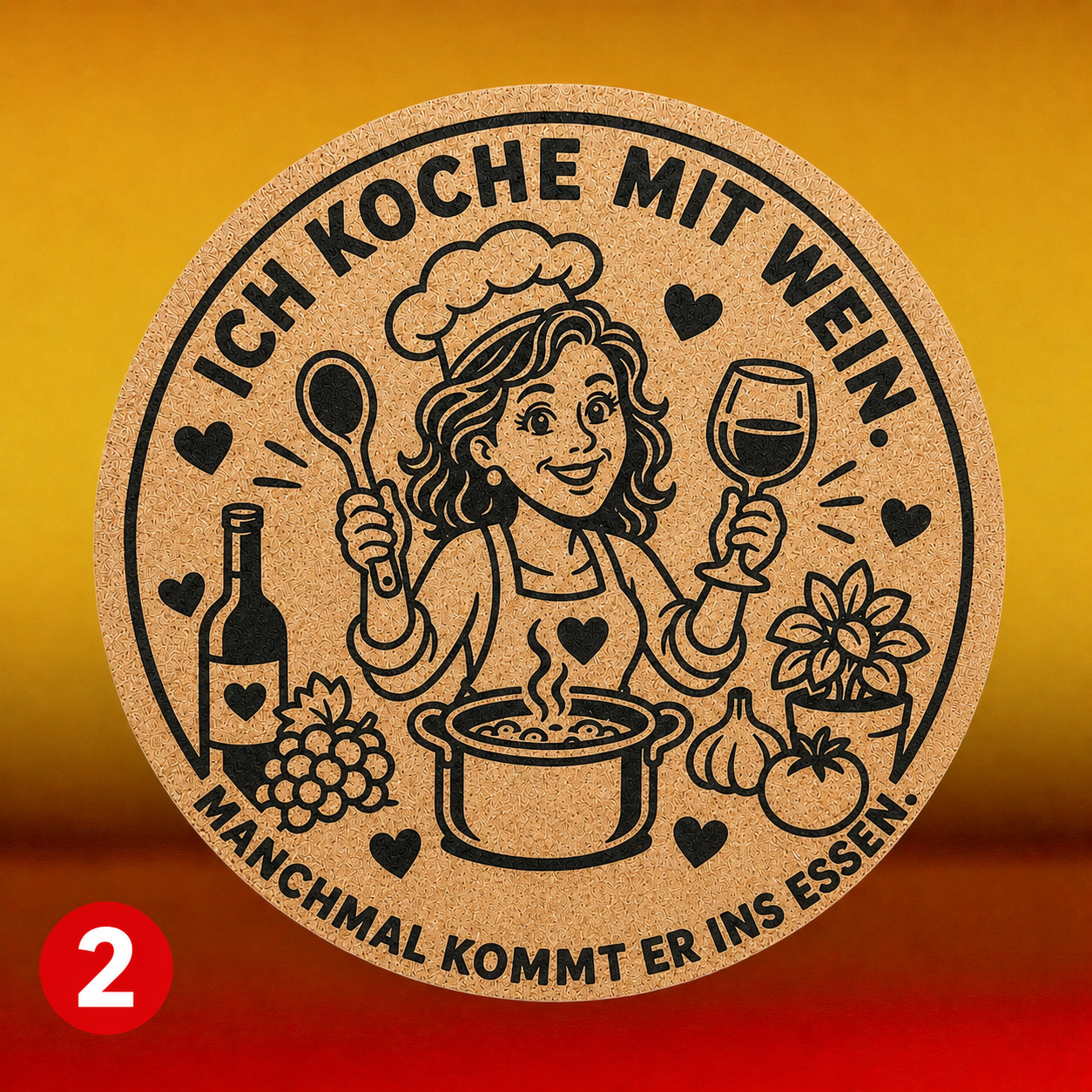 Topfuntersetzer mit Wunschmotiven. Kork. 19cm Durchmesser