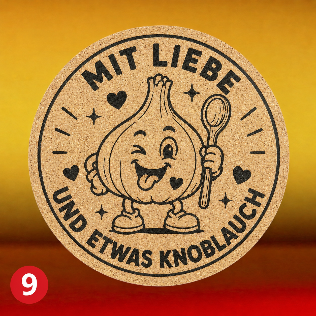 Topfuntersetzer mit Wunschmotiven. Kork. 19cm Durchmesser