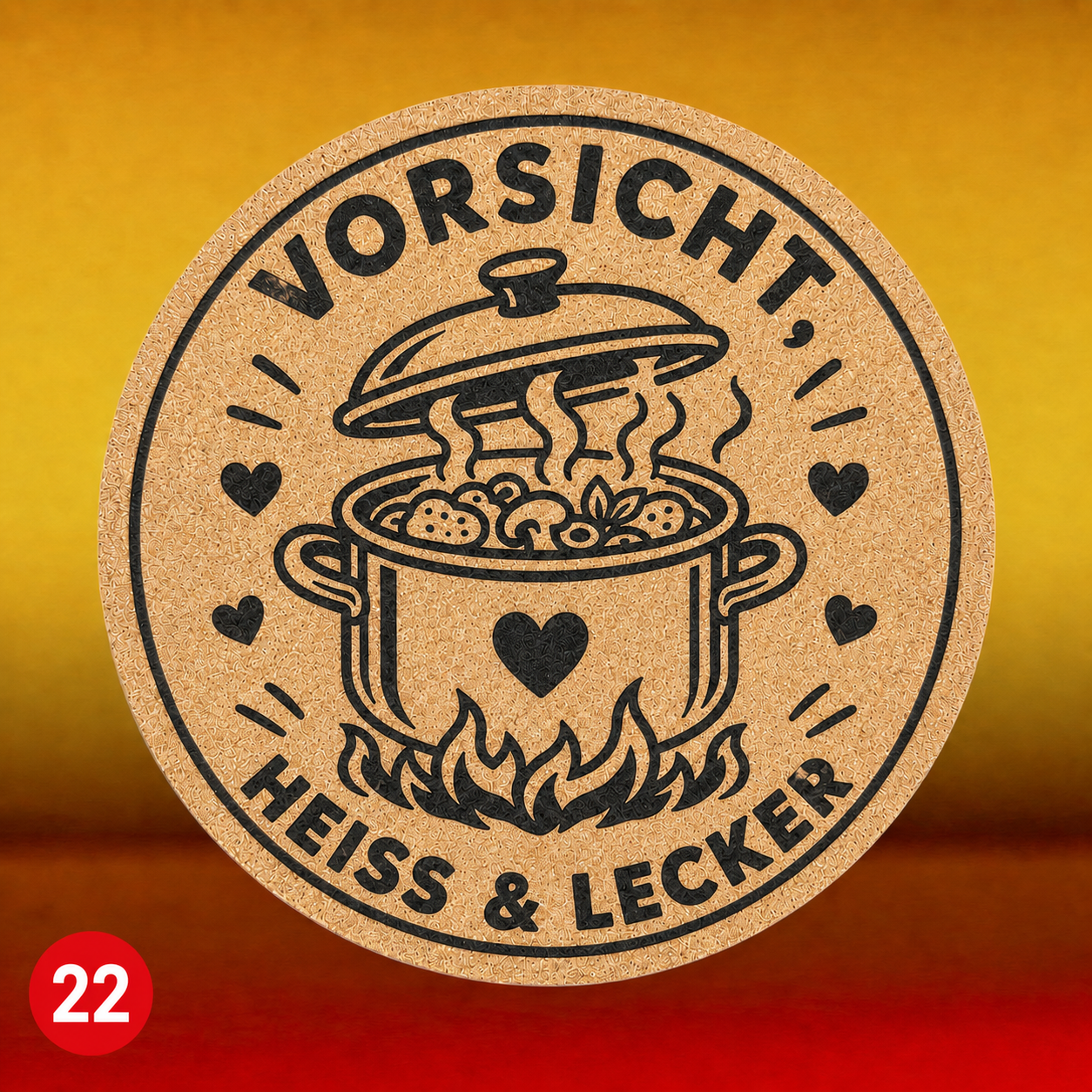 Topfuntersetzer mit Wunschmotiven. Kork. 19cm Durchmesser, Motive 13 bis 28