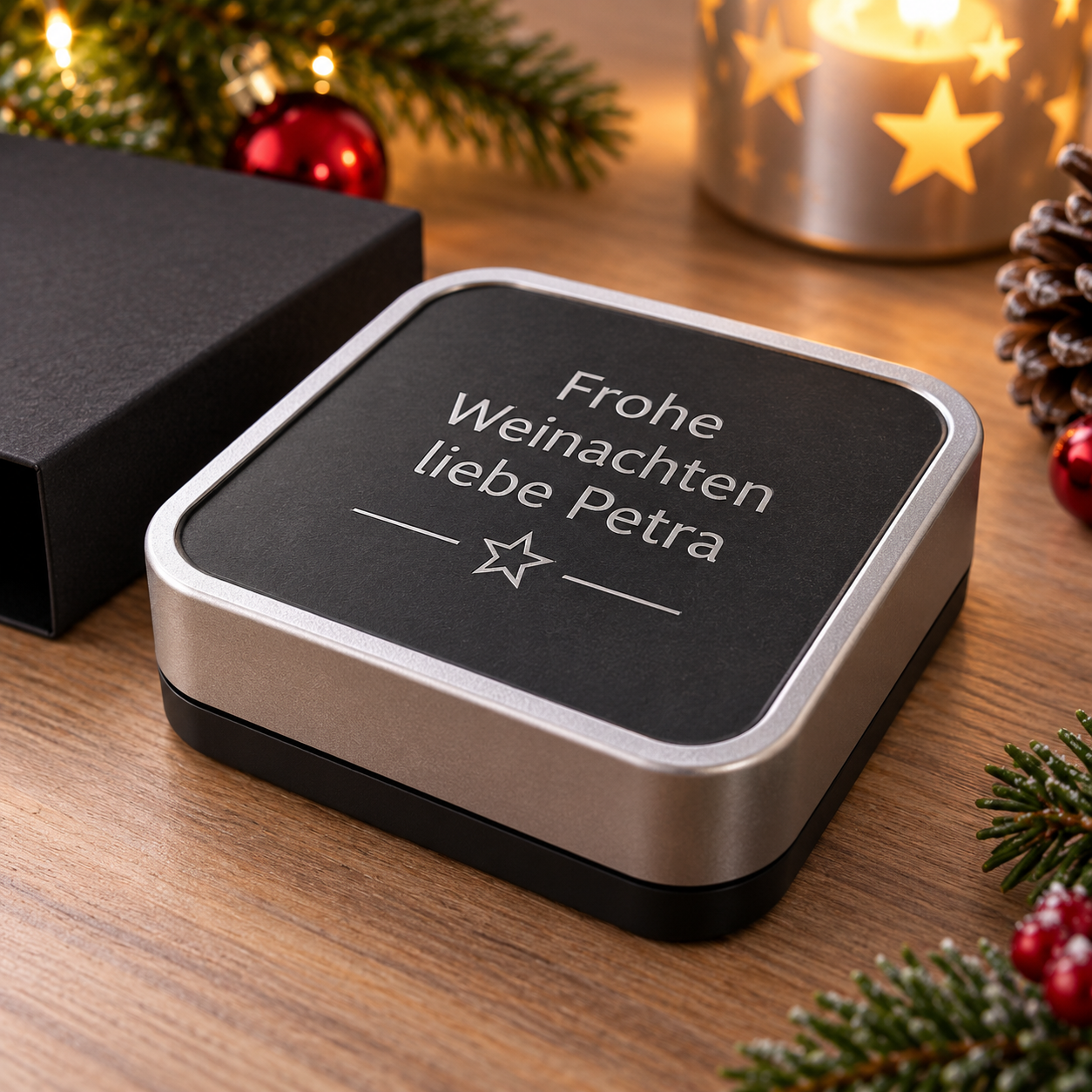 Geschenkbox mit Personalisierung | Schwarz-Silber | 8,7 x 8,7 cm