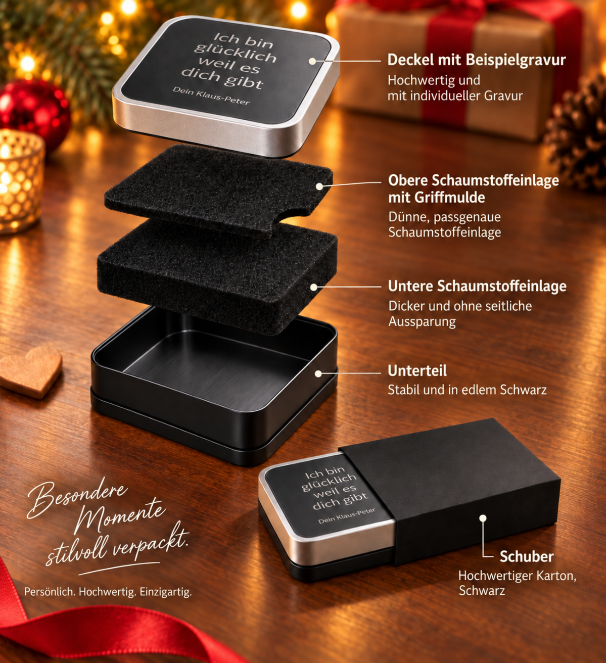 Personalisierte Geschenkbox | Schwarz-Silber | 6,8 x 6,8 cm.