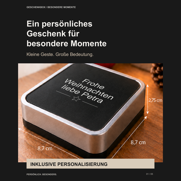 Geschenkbox mit Personalisierung | Schwarz-Silber | 8,7 x 8,7 cm