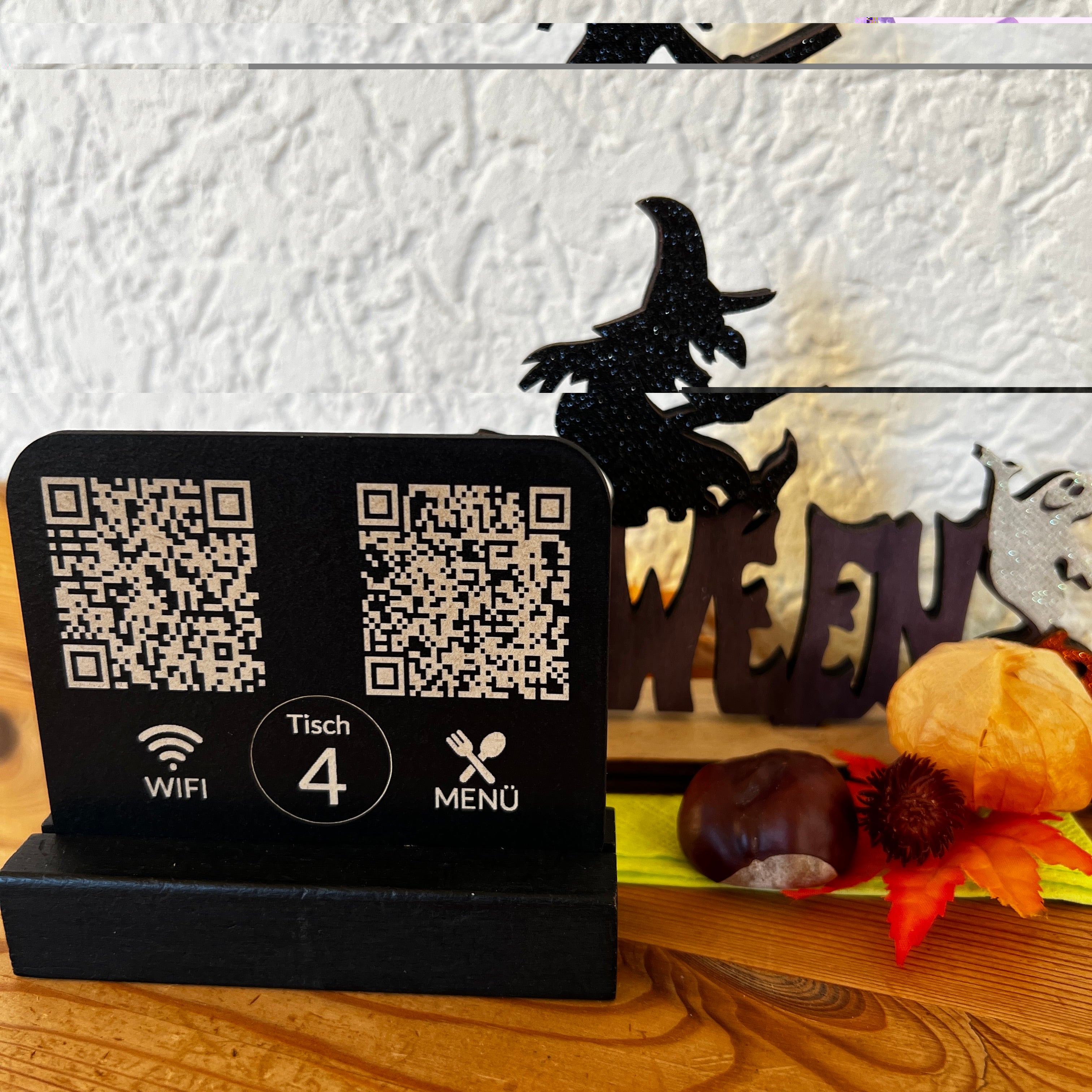 Tischaufsteller mit QR Code – WLAN Zugang, Online Menü & Tischnummer – personalisiert, graviert