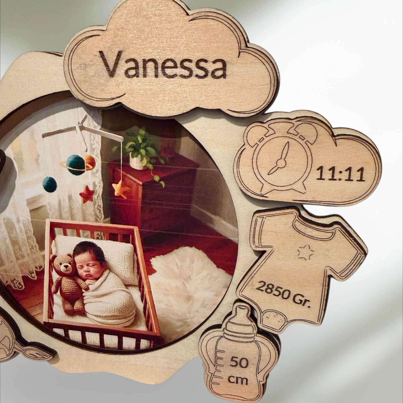 Baby Bildrahmen mit Personalisierung nach Wunsch, Fotorahmen für Neugeborene mit Geburtsdaten für Eltern, Großeltern und Familie.