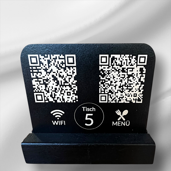 Tischaufsteller mit QR Code – WLAN Zugang, Online Menü & Tischnummer – personalisiert, graviert