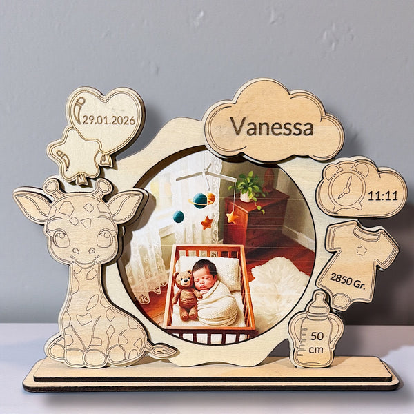 Baby Bildrahmen mit Personalisierung nach Wunsch, Fotorahmen für Neugeborene mit Geburtsdaten für Eltern, Großeltern und Familie.